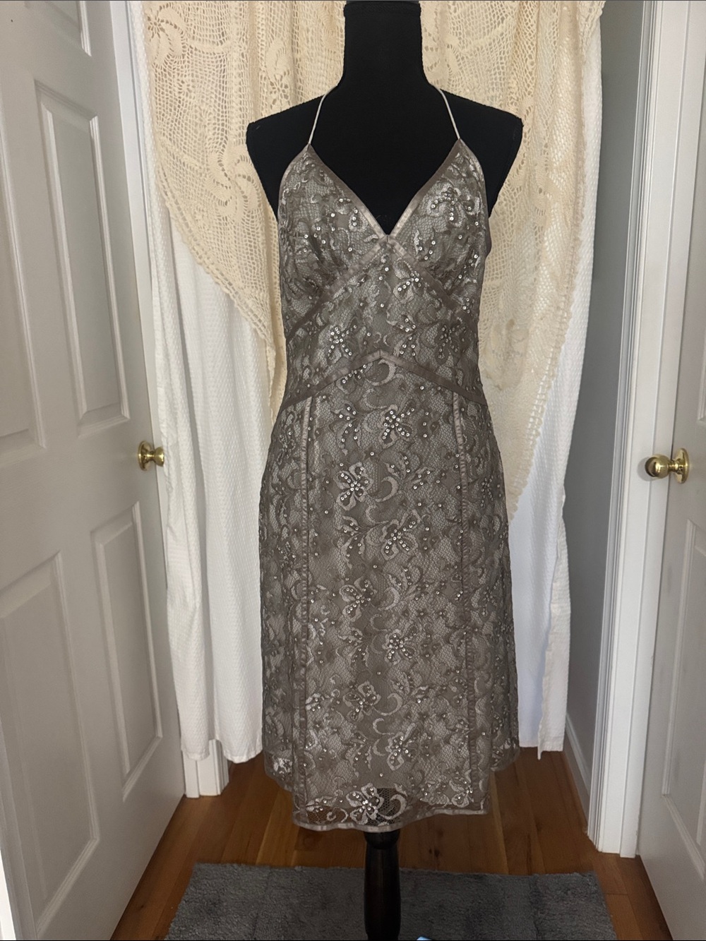 Express Silver Lace Floral Sequined Halter Midi Dress NWT